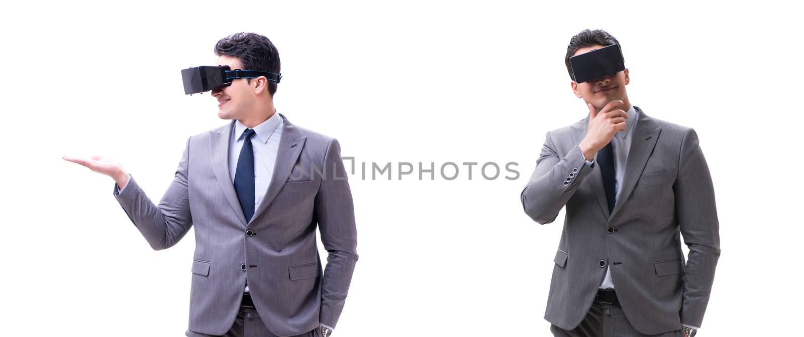 Businessman wearing virtual reality VR glasses isolated on white 