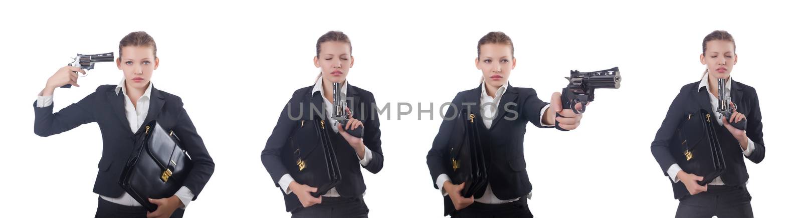 Woman businesswoman with gun on white