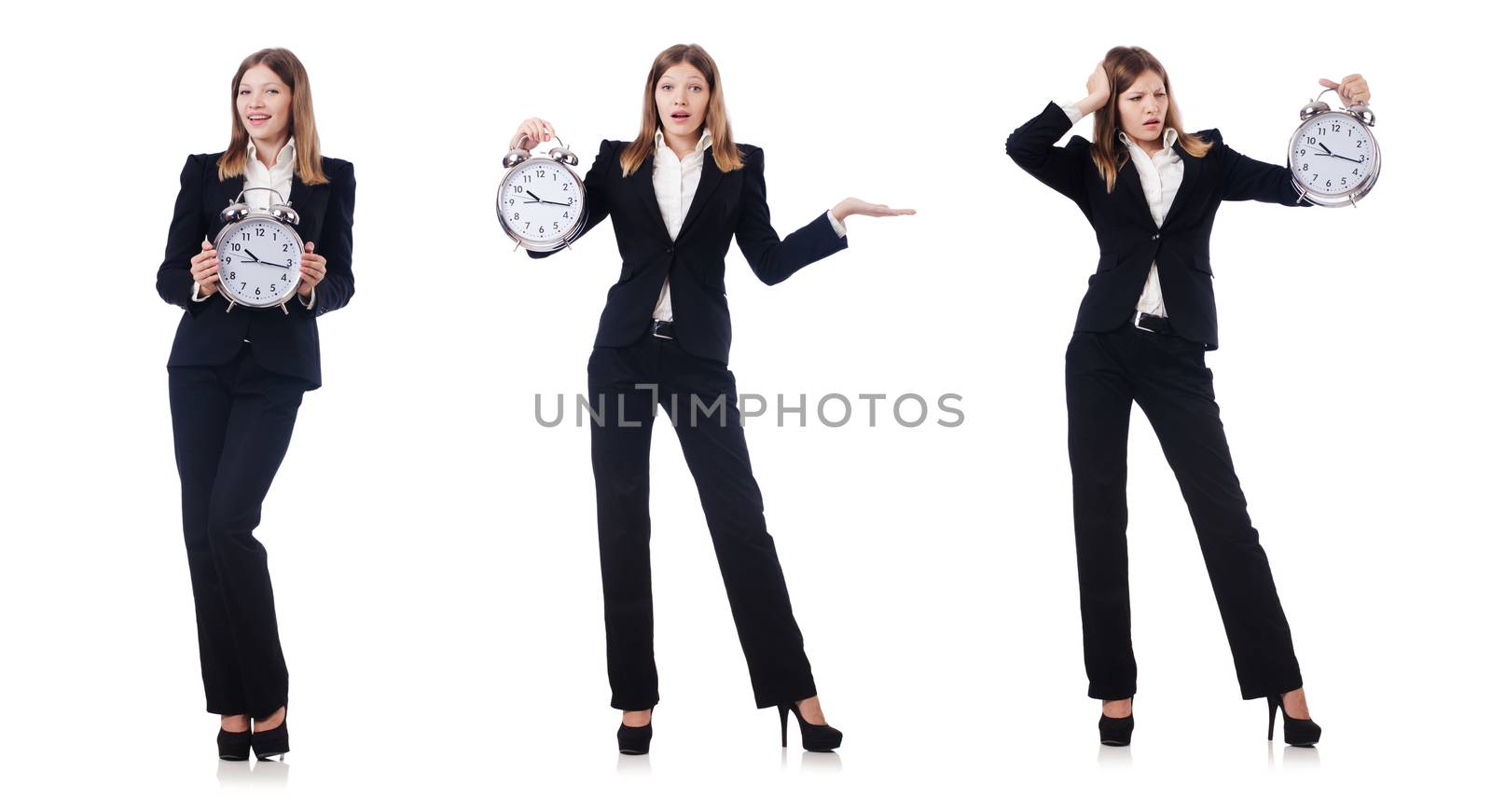 Businesswoman with clock isolated on white