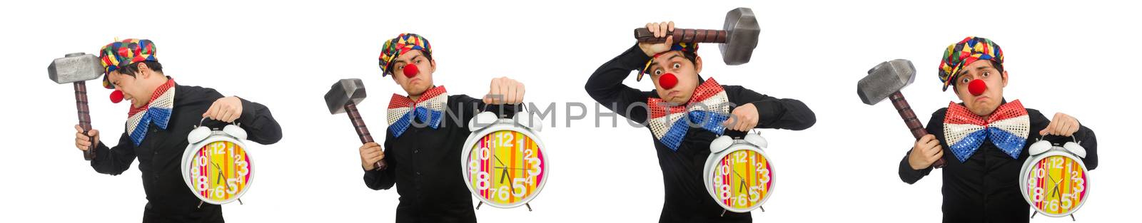 Funny clown with hammer and clock on white