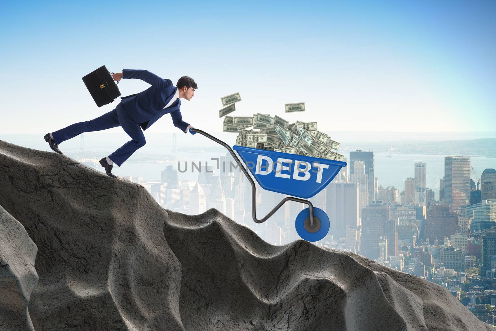 Businessman pushing wheelbarrow with dollars downhill