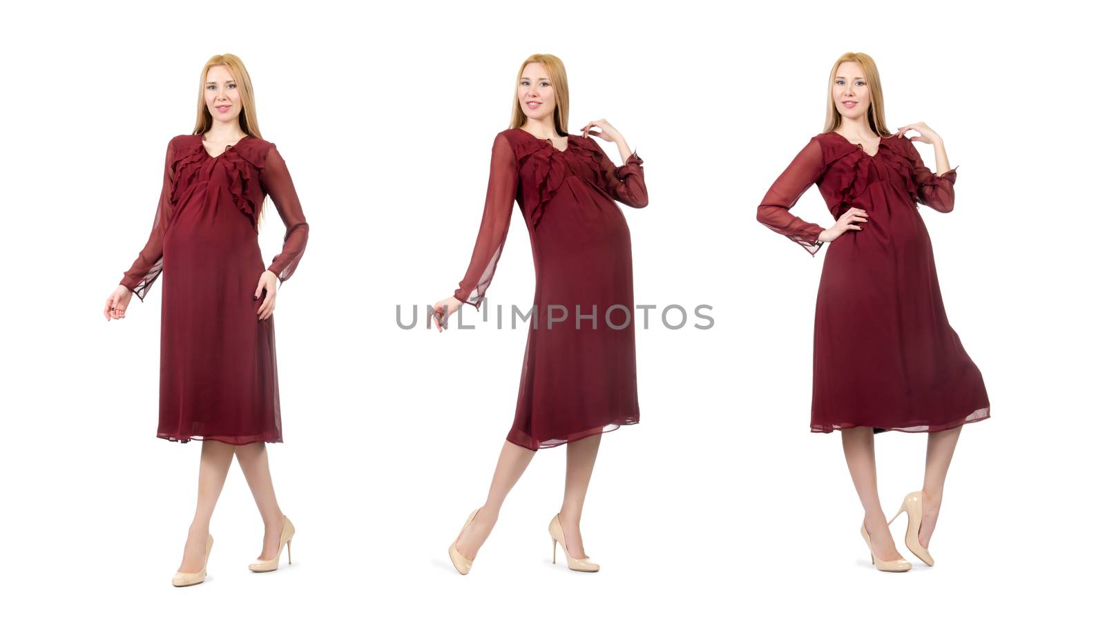 Pretty pregnant woman in red dress isolated on white