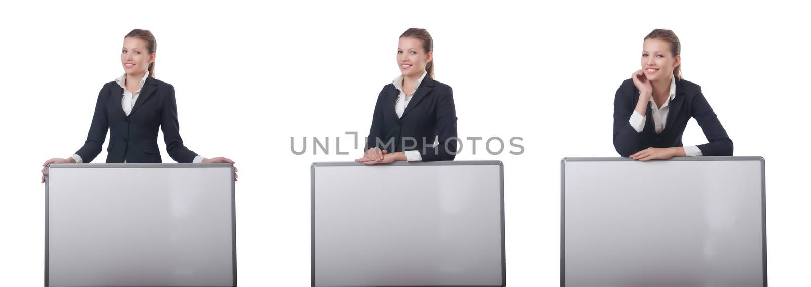Woman businesswoman with blank board on white by Elnur