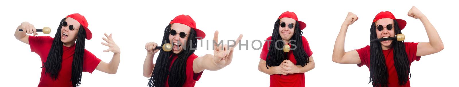 Positive boy with microphone isolated on white