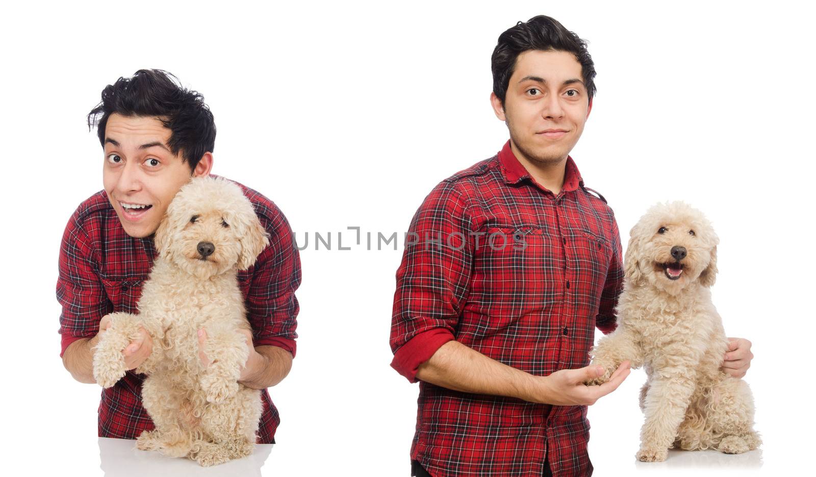 Young man with dog isolated on white