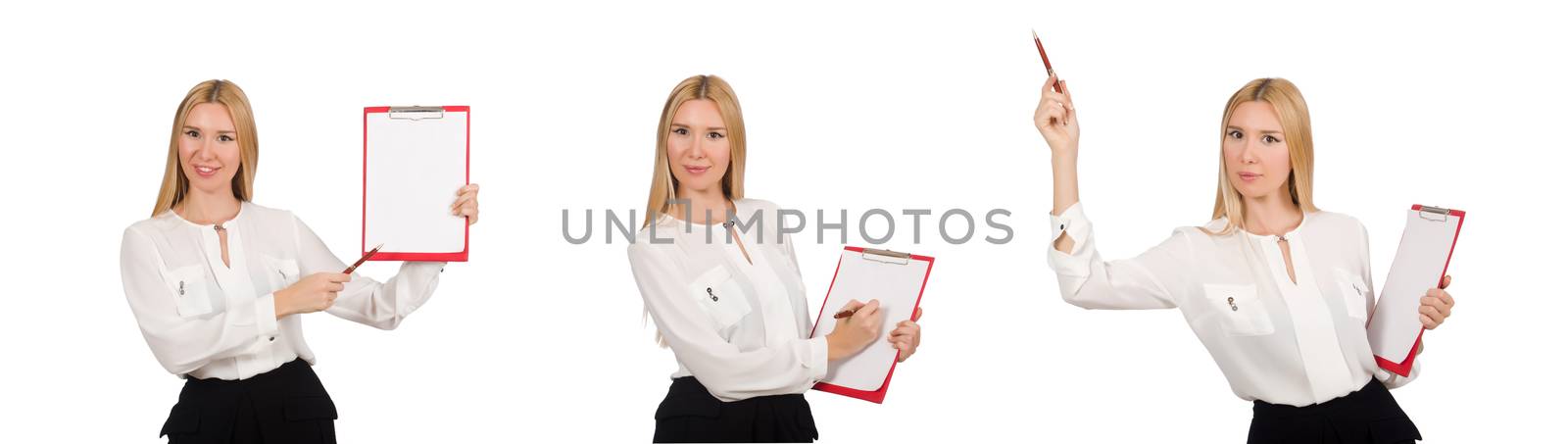 Woman with paper binder isolated on the white