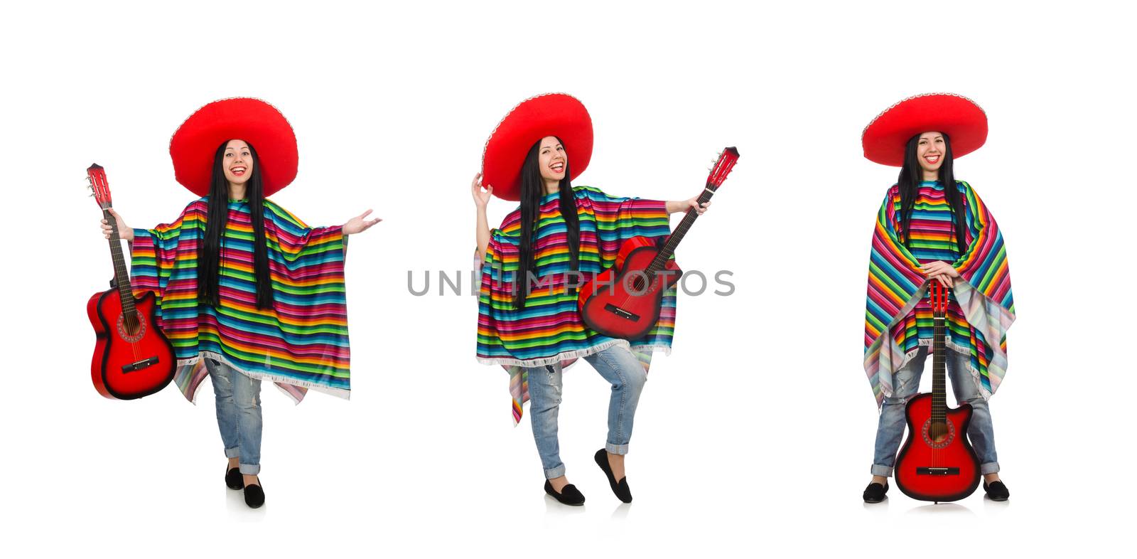 Woman mexican guitar player on white by Elnur