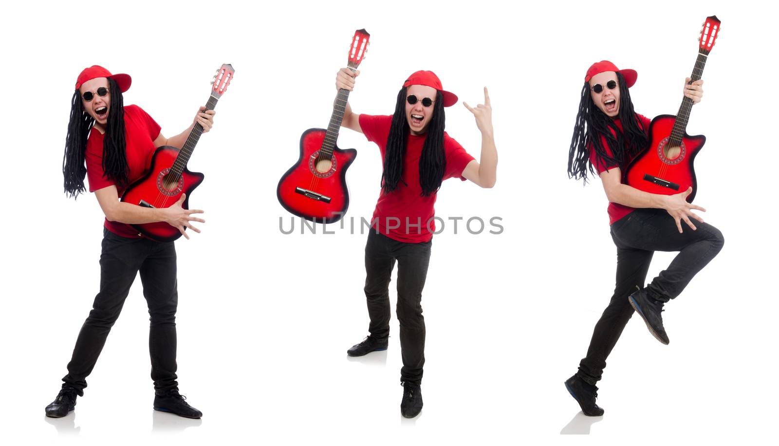 Positive boy with guitar isolated on white