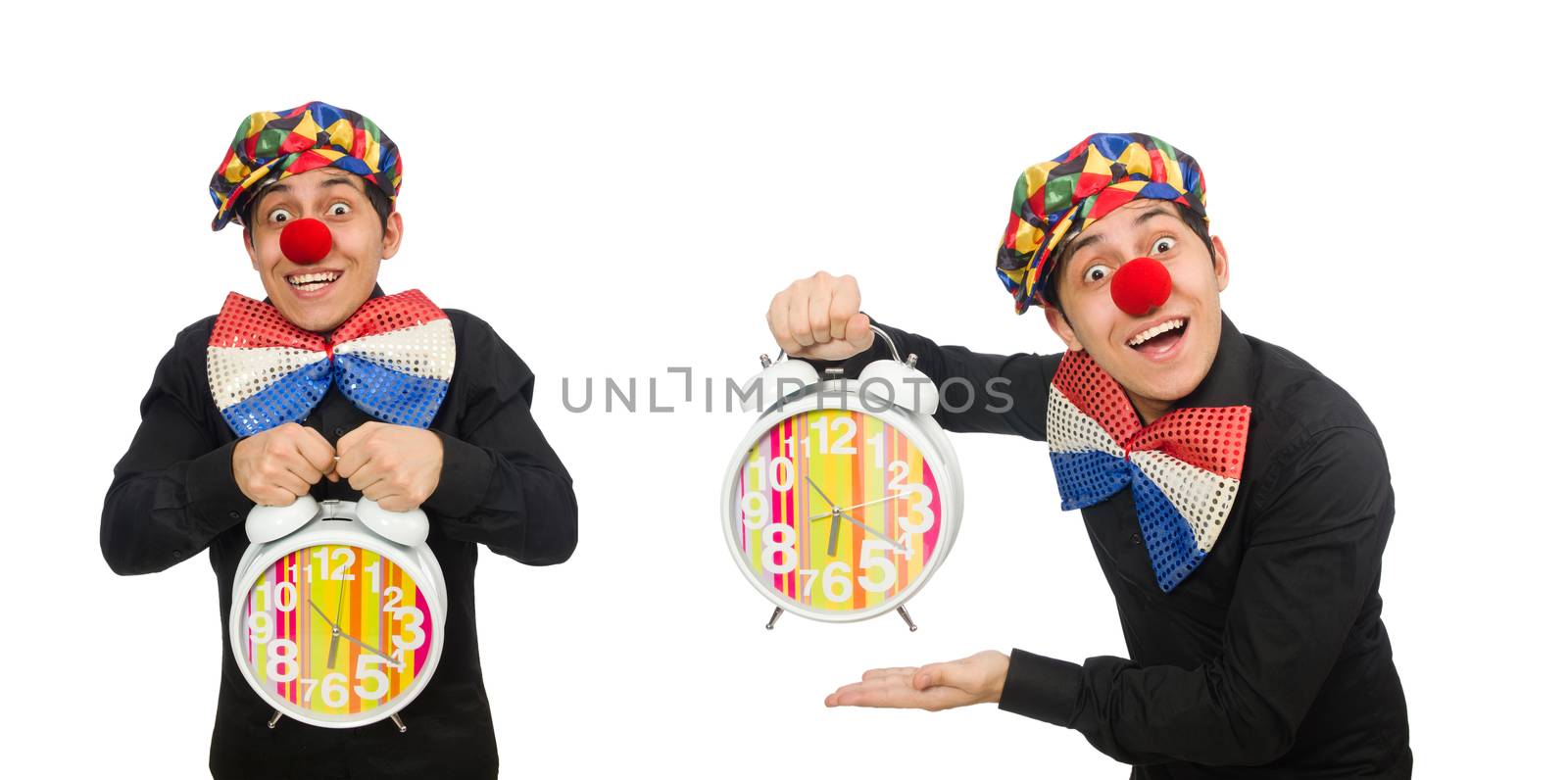 Funny clown with clock isolated on white by Elnur