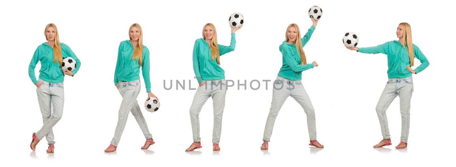 Woman with football on white