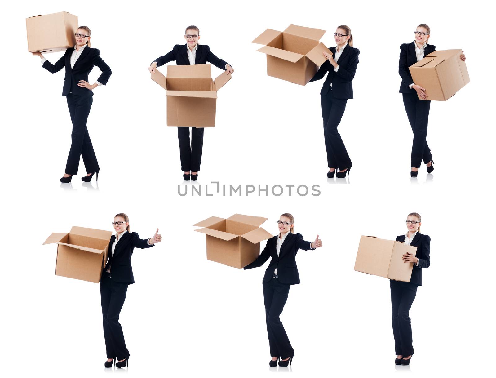 Woman businesswoman with boxes on white by Elnur