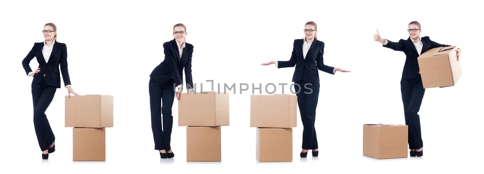 Woman businesswoman with boxes on white