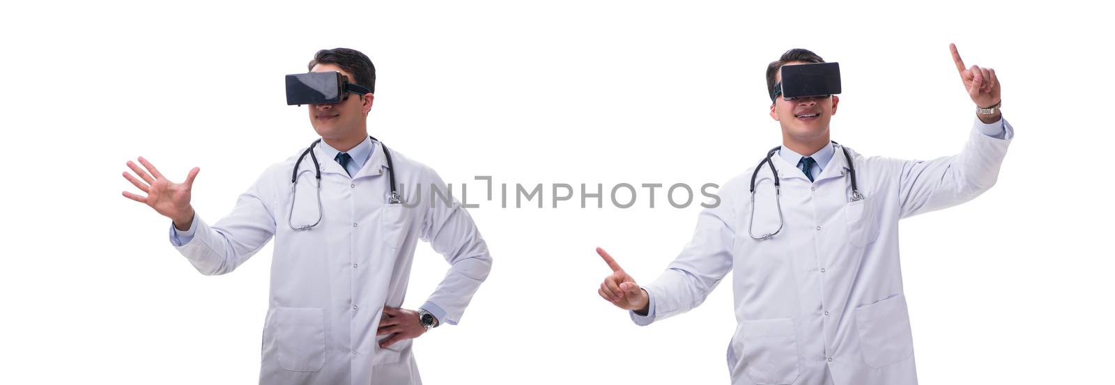 Doctor wearing a vr virtual reality headset isolated on white ba by Elnur