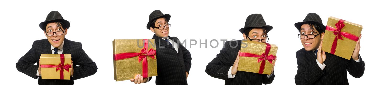 Funny man with giftbox on white by Elnur