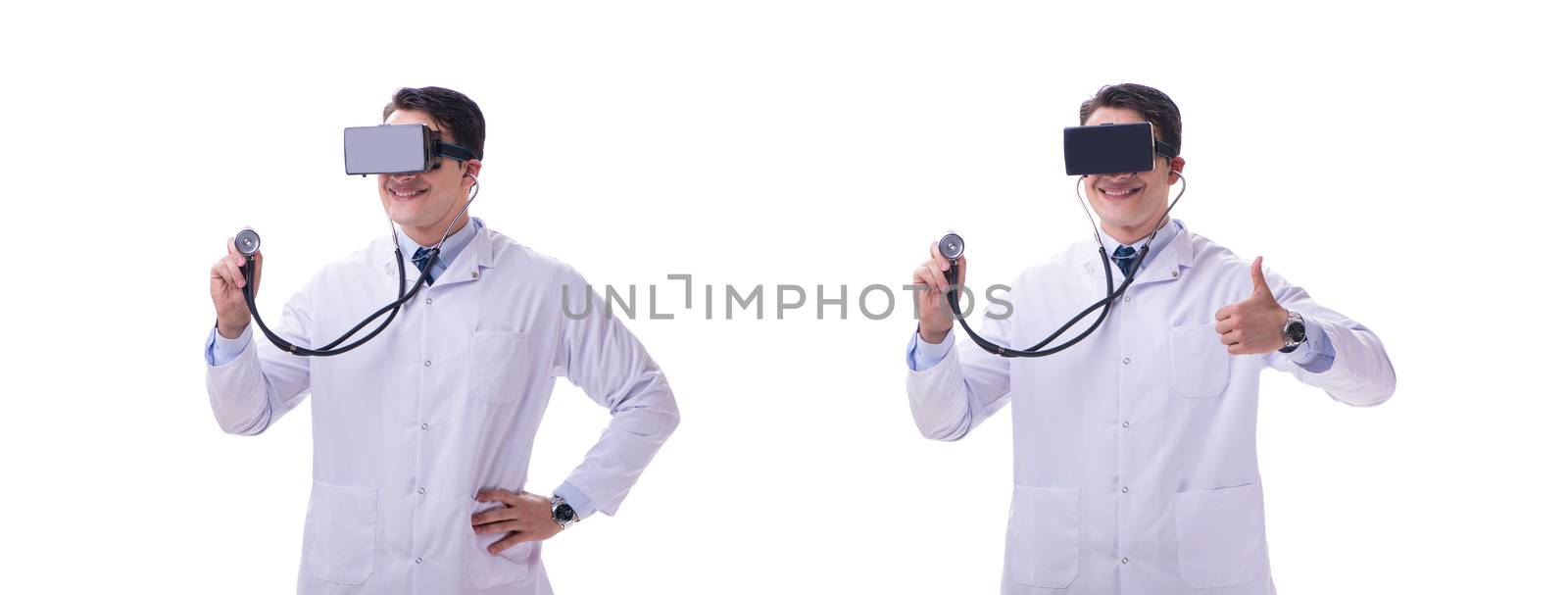 Doctor wearing a vr virtual reality headset isolated on white ba by Elnur