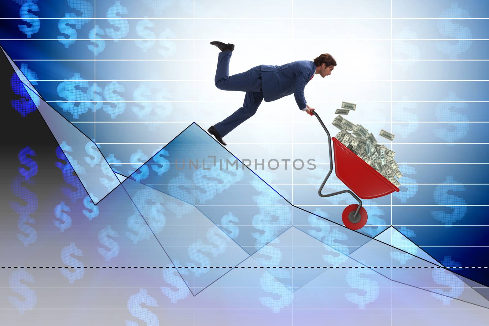 Businessman pushing money wheelbarrow down the chart