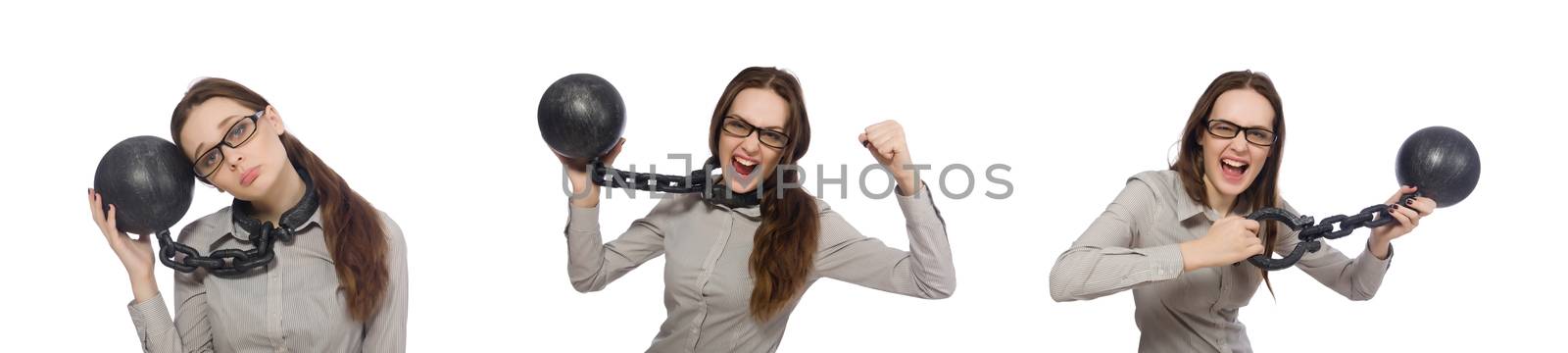 Young businesswoman in funny concept on white