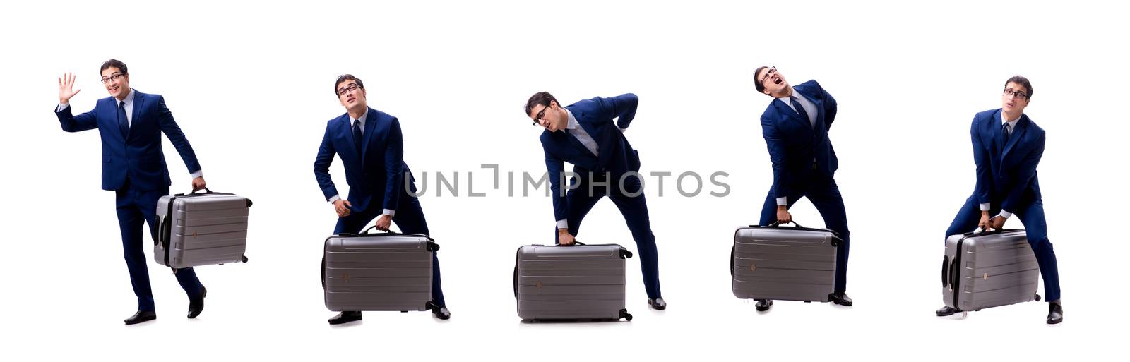 Young businessman with suitcase isolated on white background