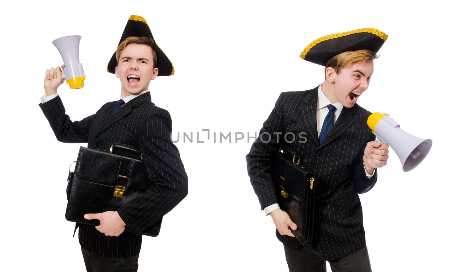 Young man in costume with pirate hat and megaphone isolated on white