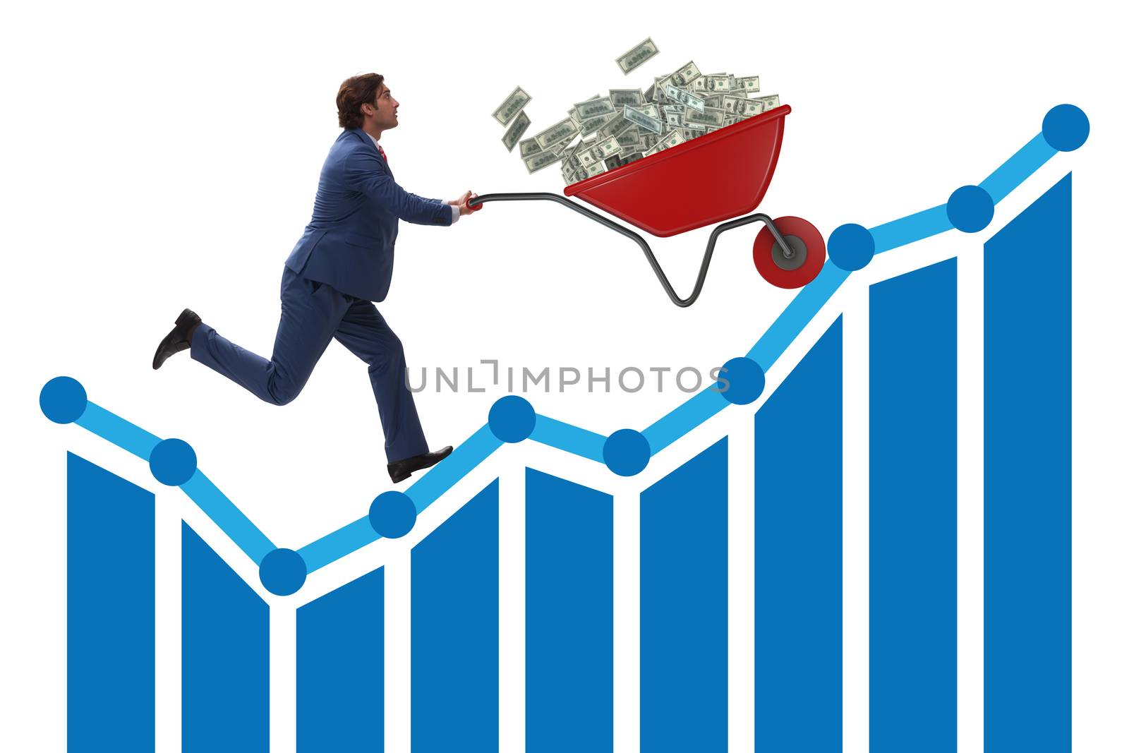 Businessman pushing wheelbarrow full of dollar money by Elnur