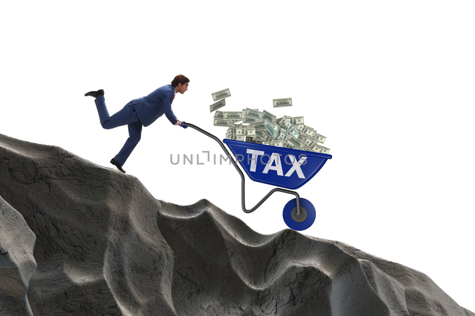 Businessman pushing wheelbarrow with tax money by Elnur