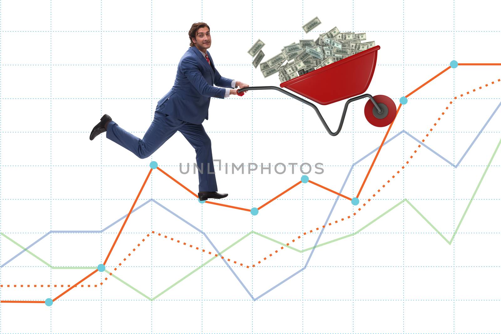 Businessman pushing wheelbarrow full of dollar money by Elnur