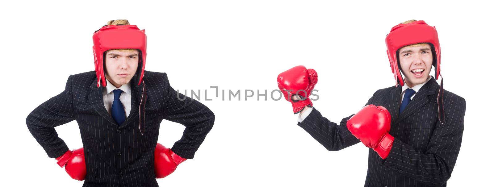 Young employee with boxing gloves isolated on white 