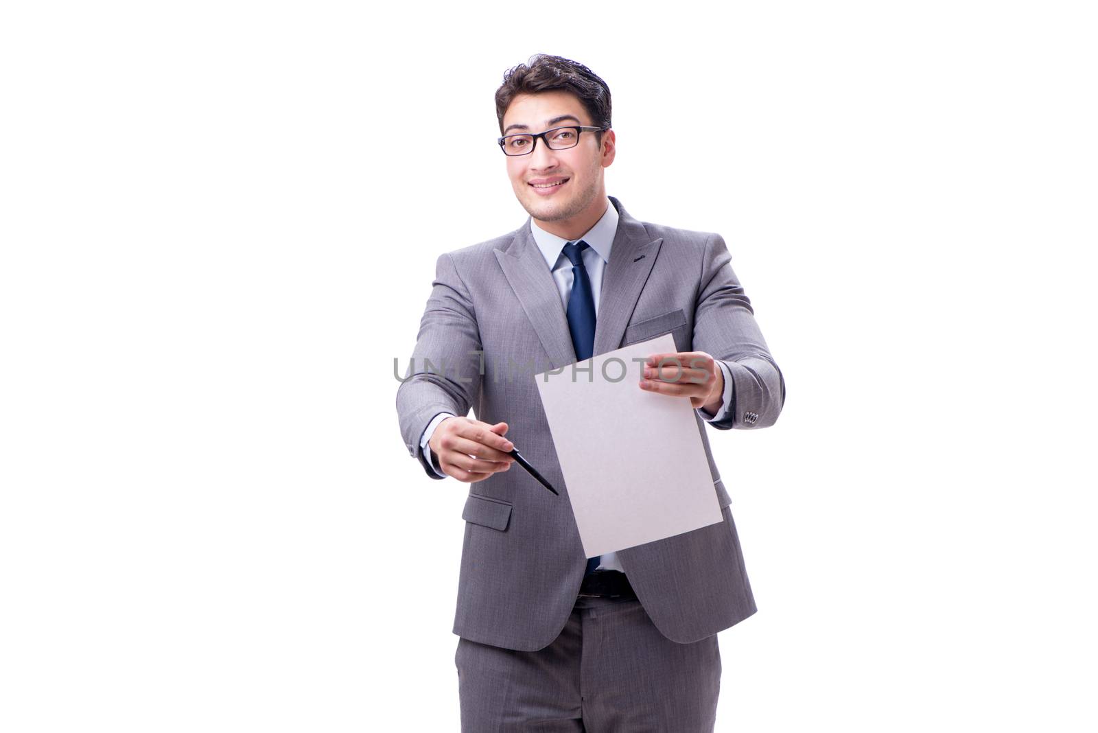 Businessman with blank message isolated on white