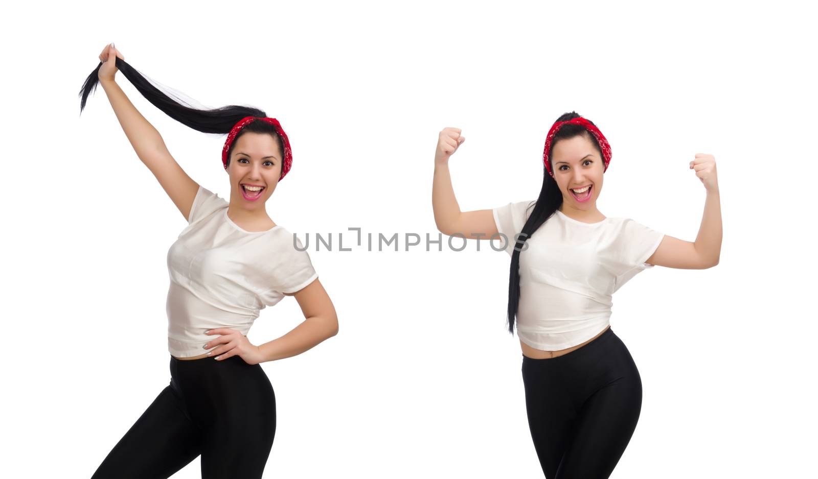 Woman doing exercises on white