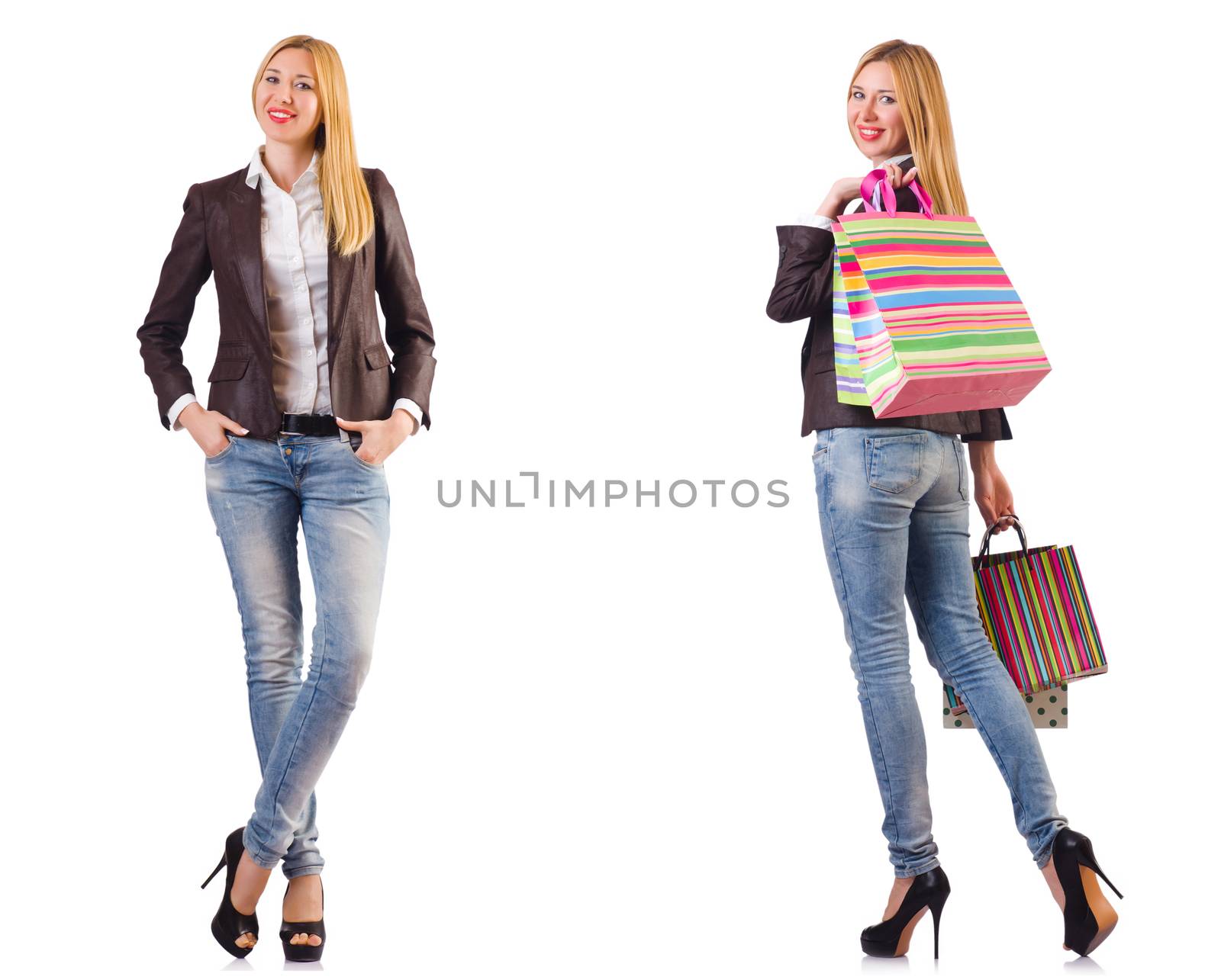 Beautiful woman with shopping bags isolated on white