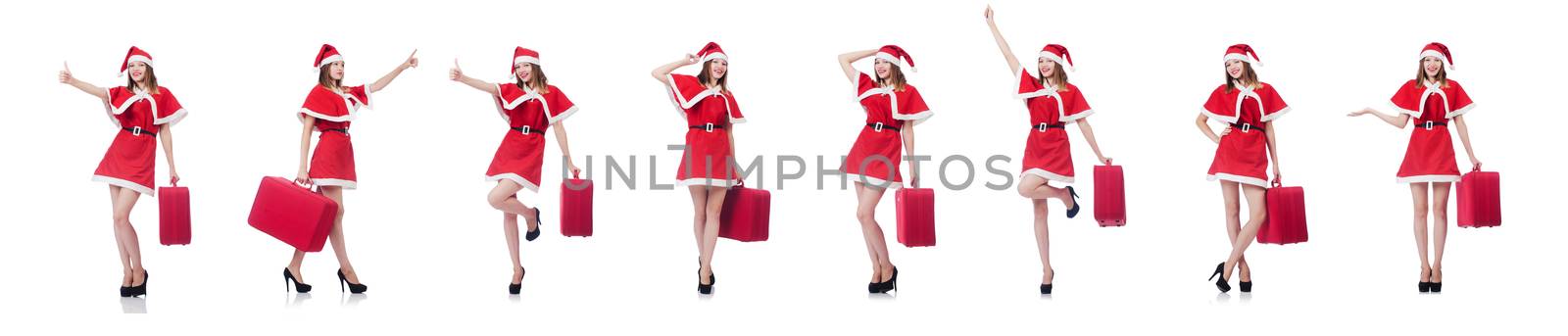 Young woman in red santa costume with suitcase