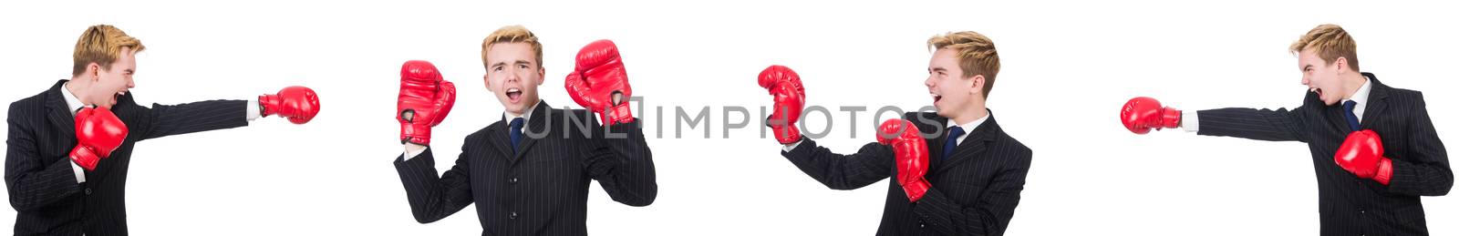 Young employee with boxing gloves isolated on white 