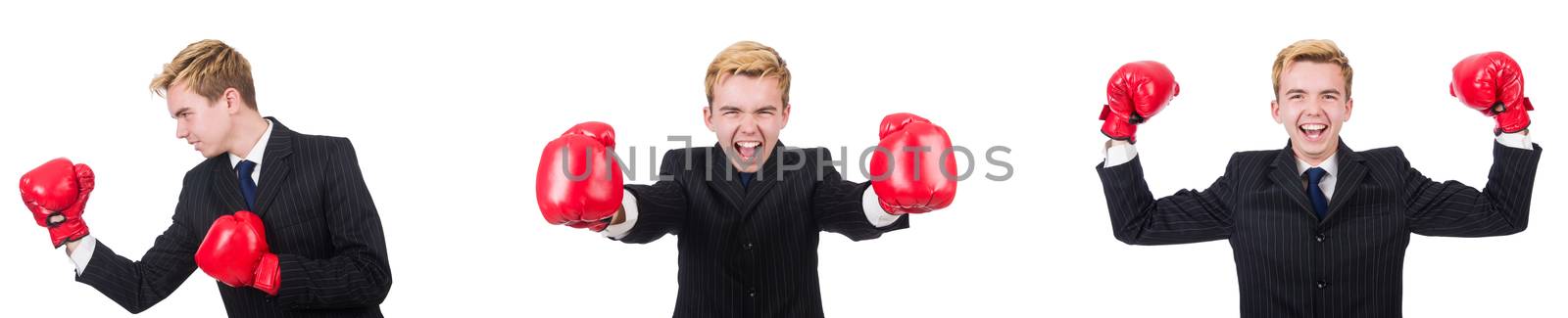 Young employee with boxing gloves isolated on white  by Elnur