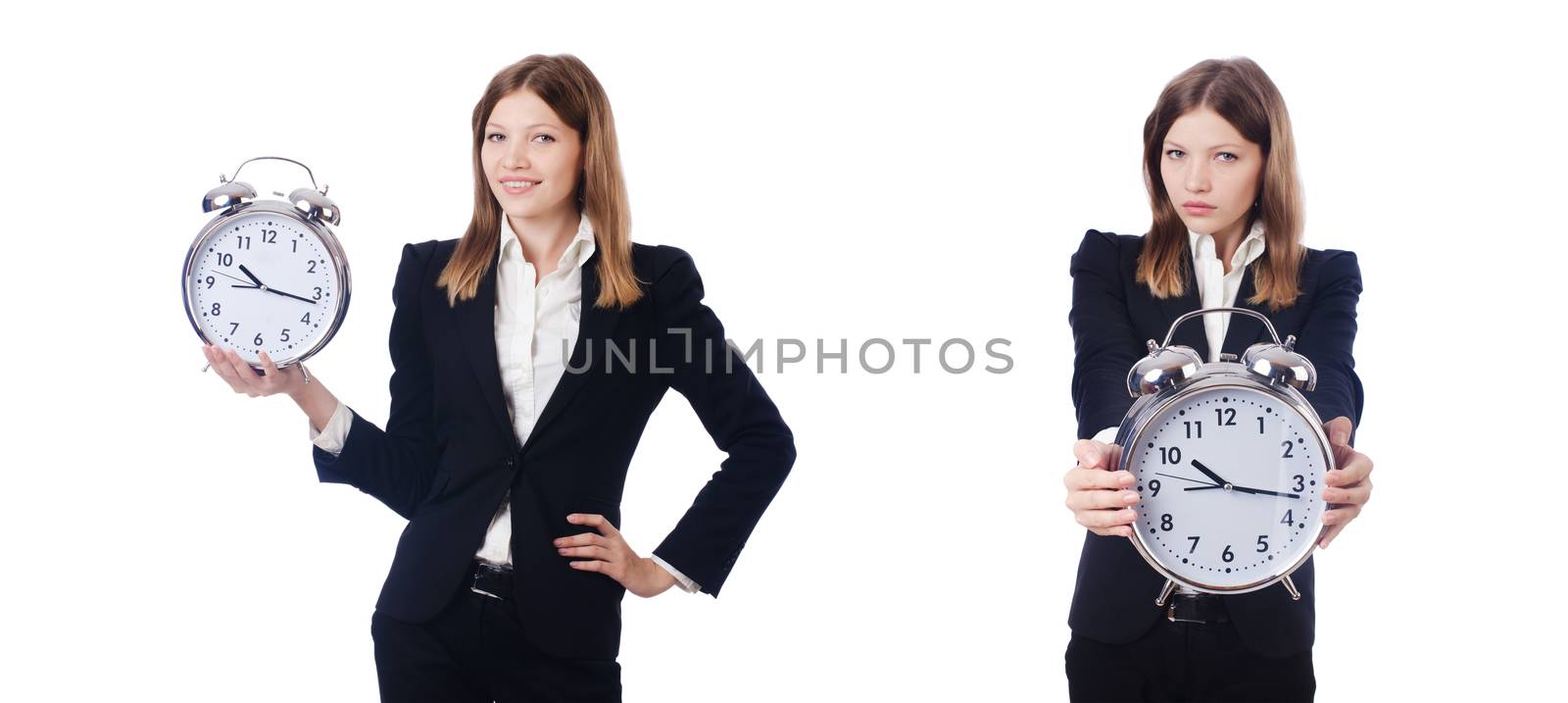 Businesswoman with clock isolated on white