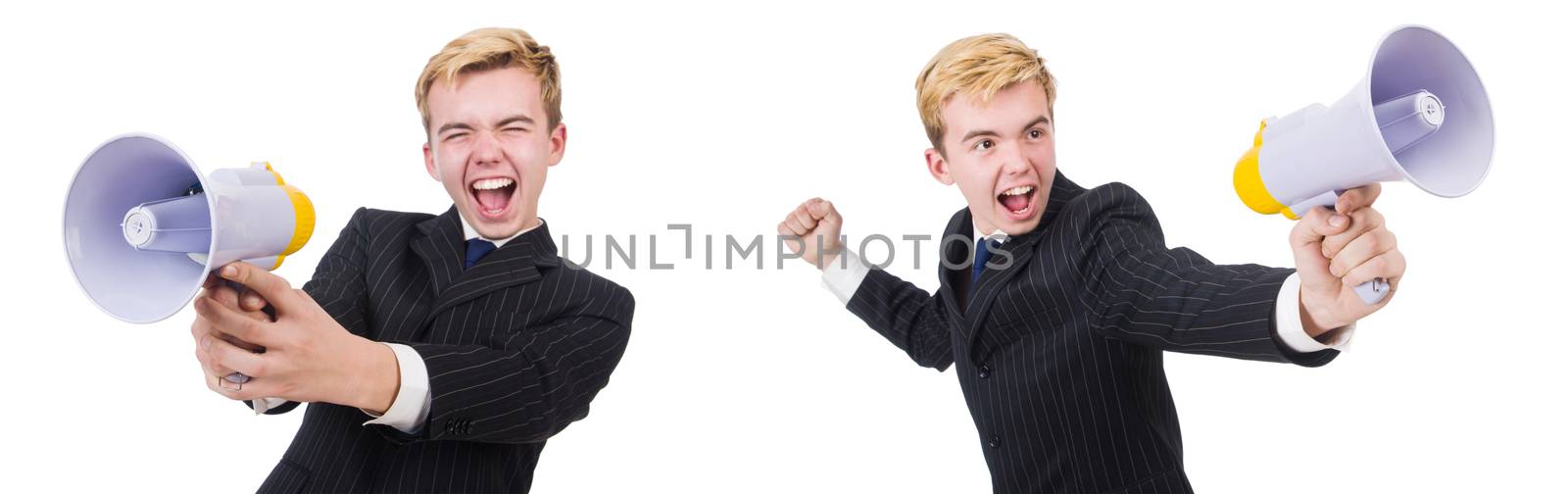 Young man with loudspeaker on white 