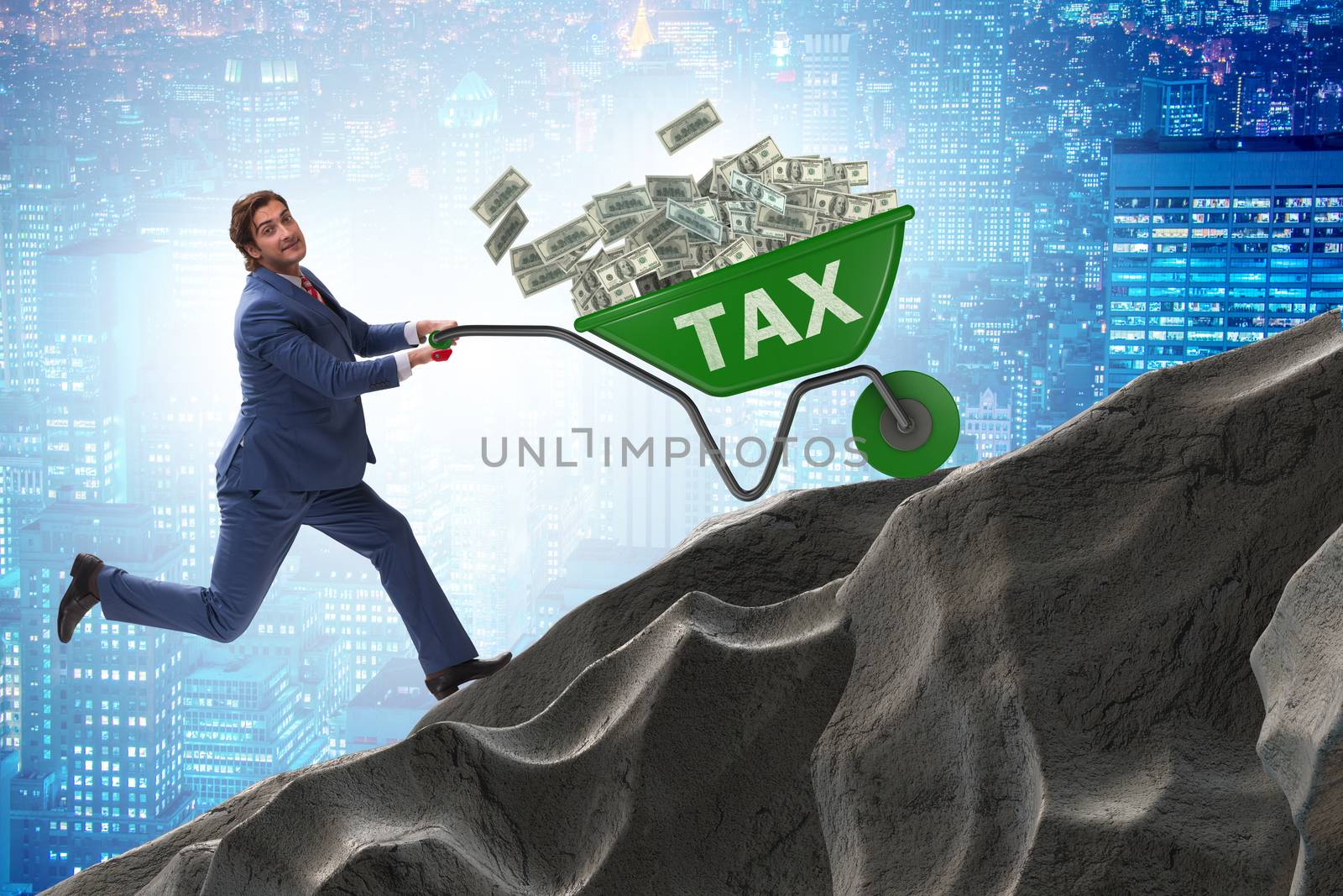 Businessman pushing tax wheelbarrow uphill by Elnur