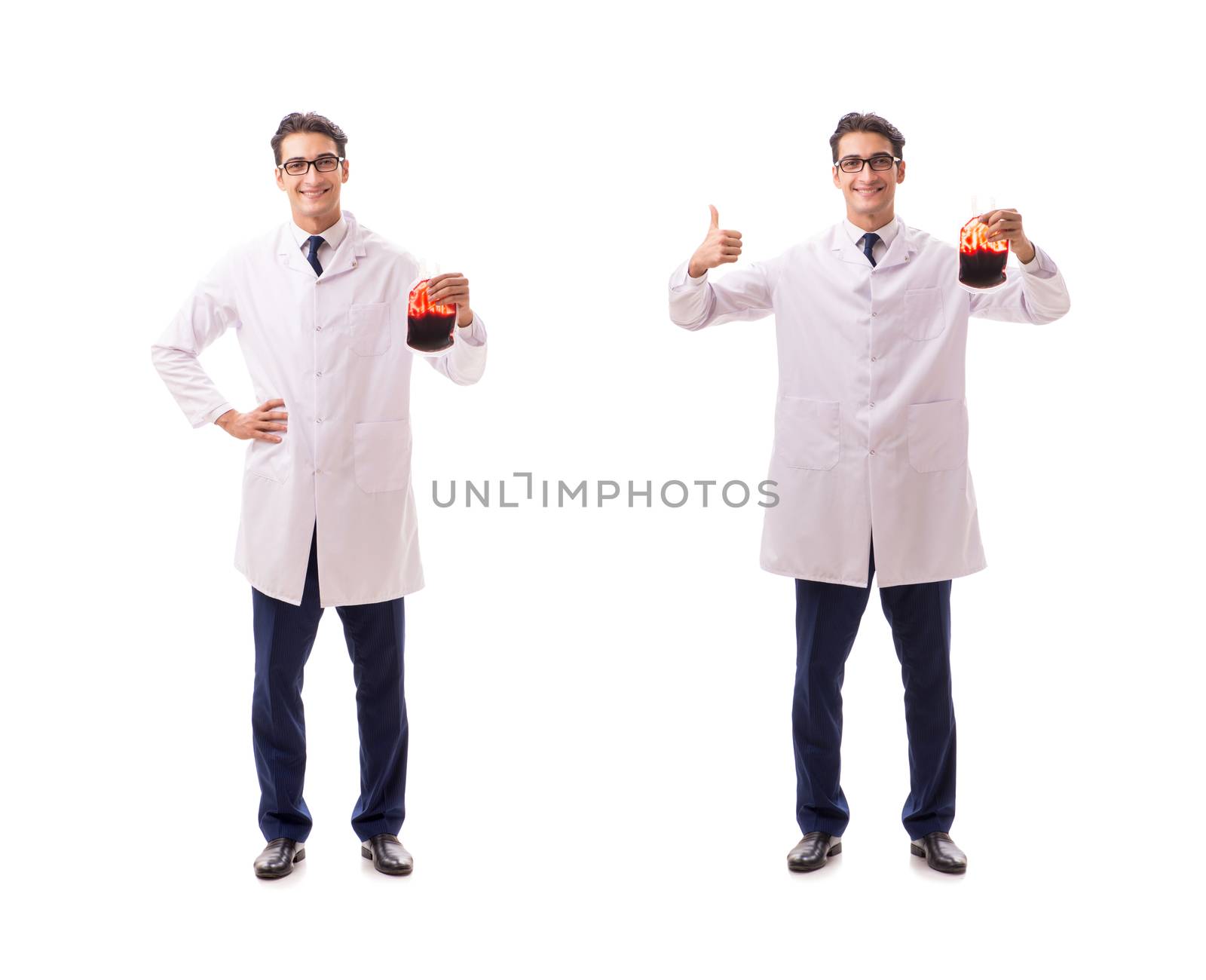 Doctor in blood donation concept isolated on white