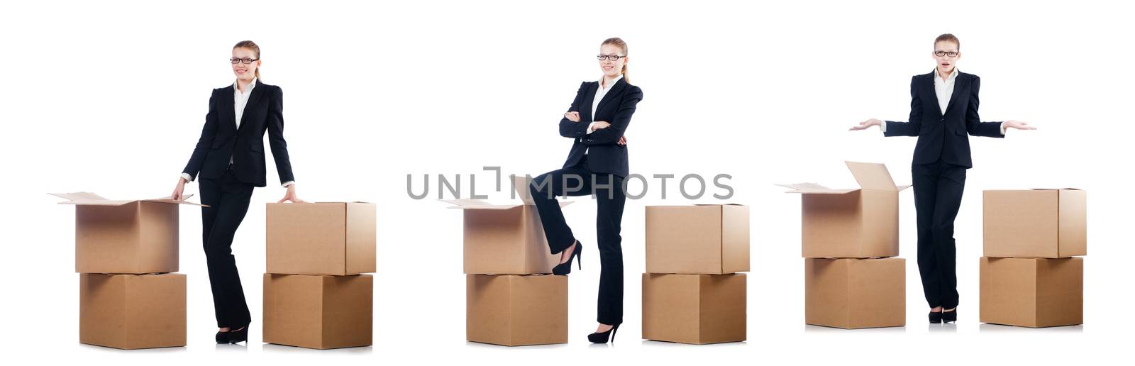 Businesswoman with boxes isolated on white