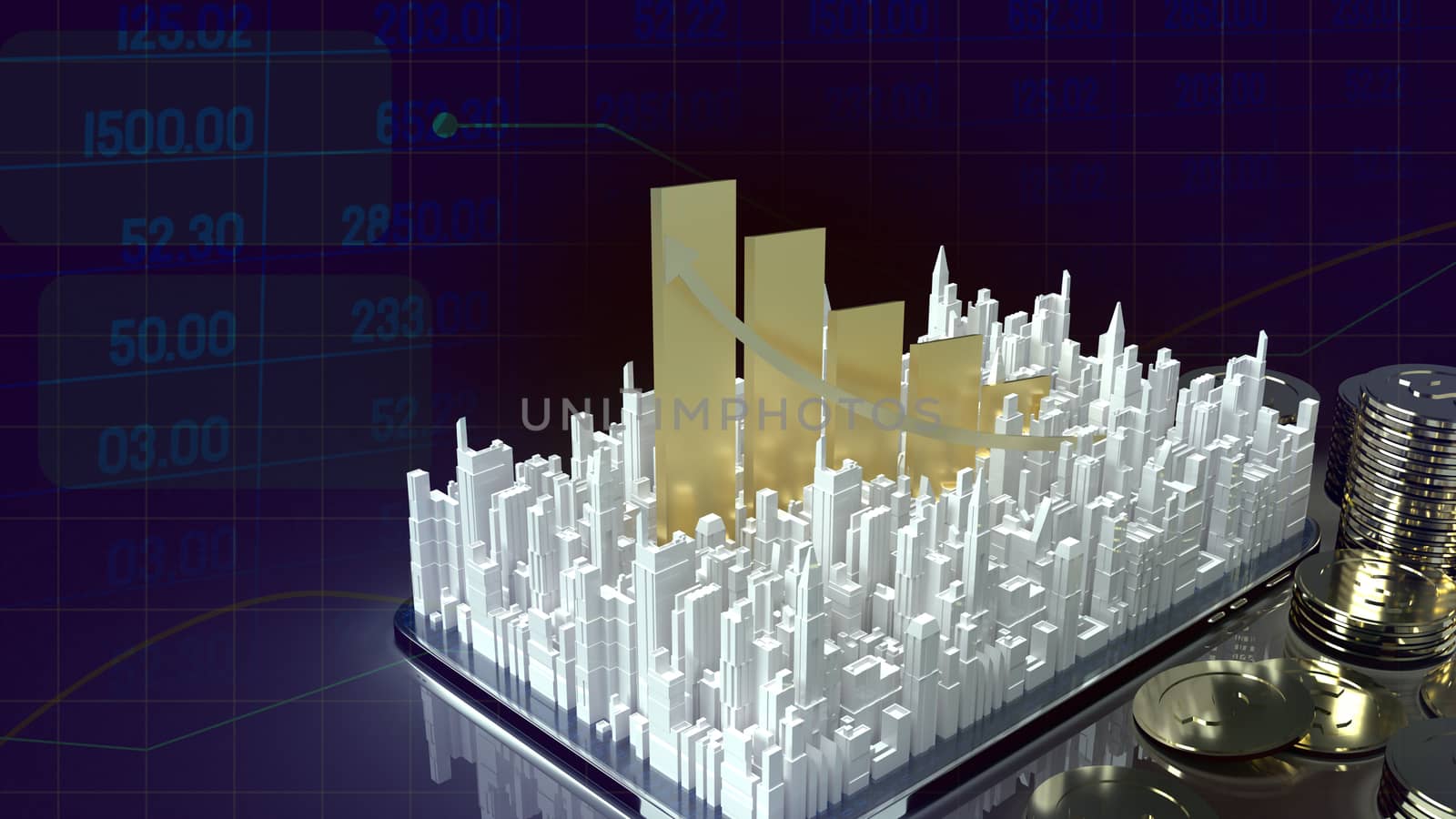 The building city and chart arrow up on tablet for property content 3d rendering.