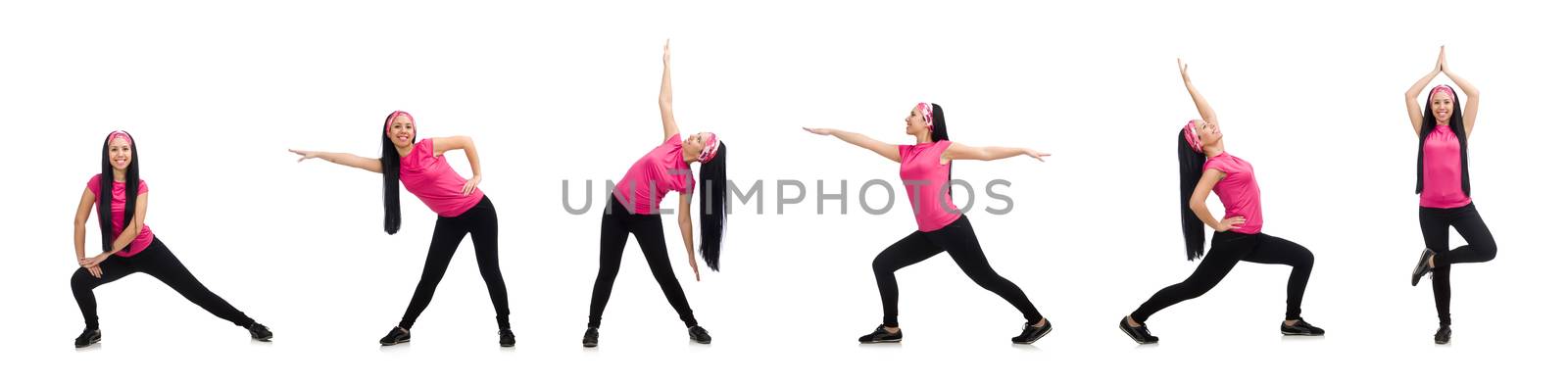 Woman doing exercises on white by Elnur