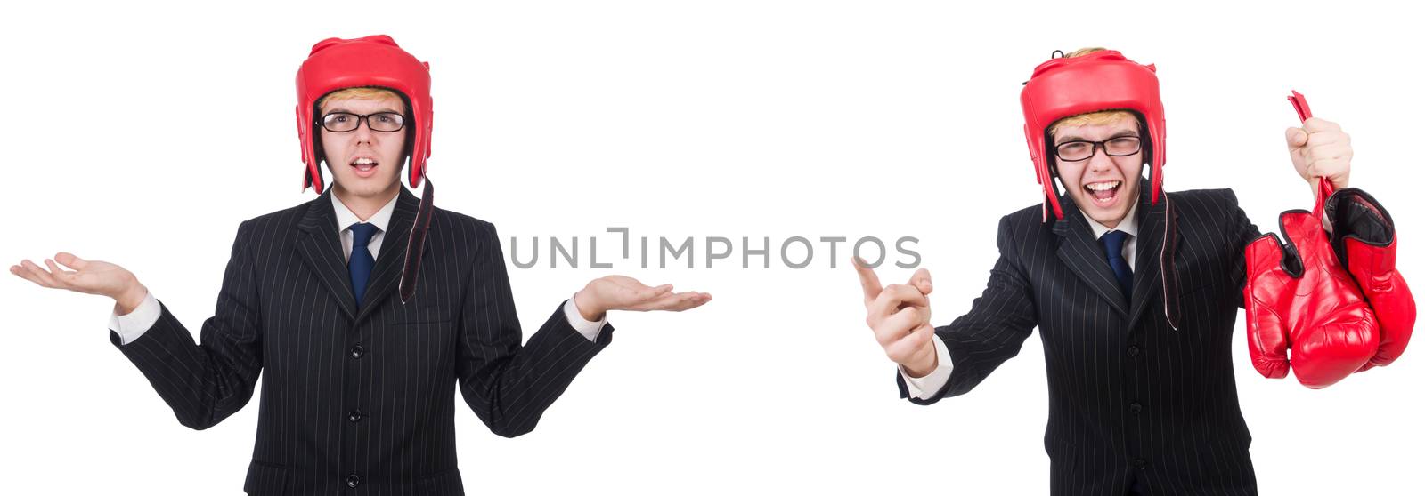 Young employee with boxing gloves isolated on white 