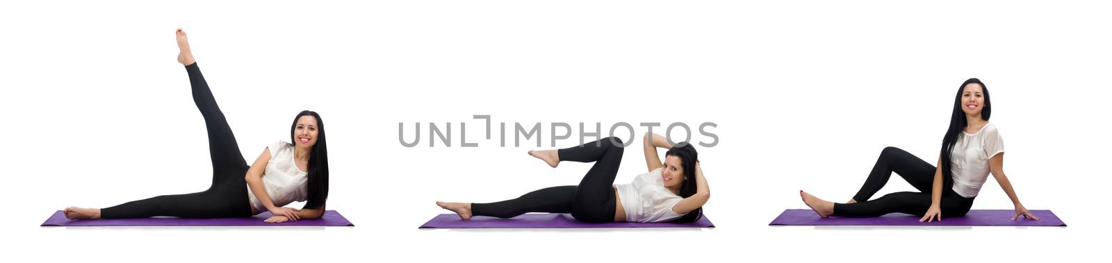 Woman doing exercises on white by Elnur