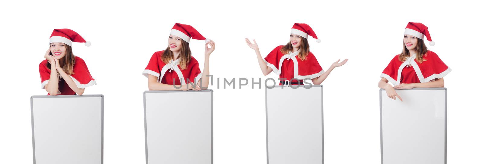 Young woman in red santa costume on white by Elnur