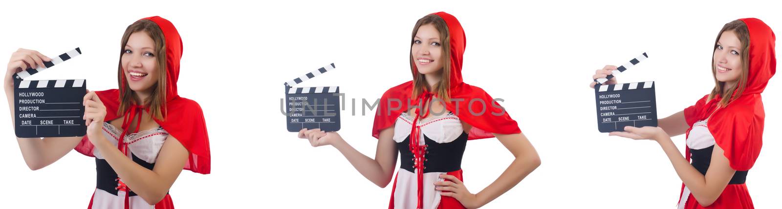 Young woman waiter with movie board isolated on white  by Elnur