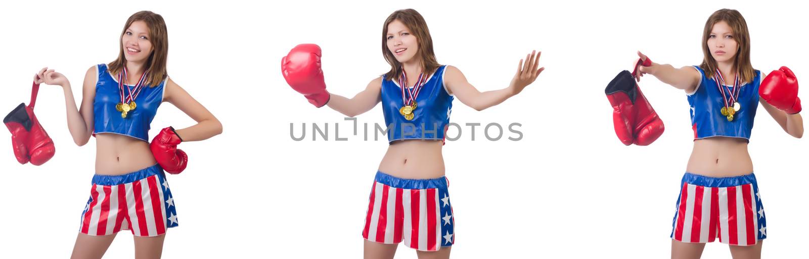 Young female boxer with gold medal isolated on white by Elnur