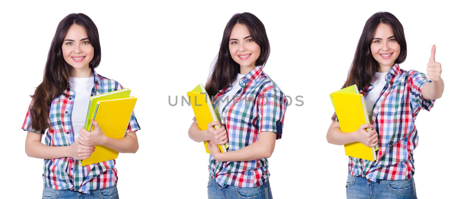 Student girl with books on white