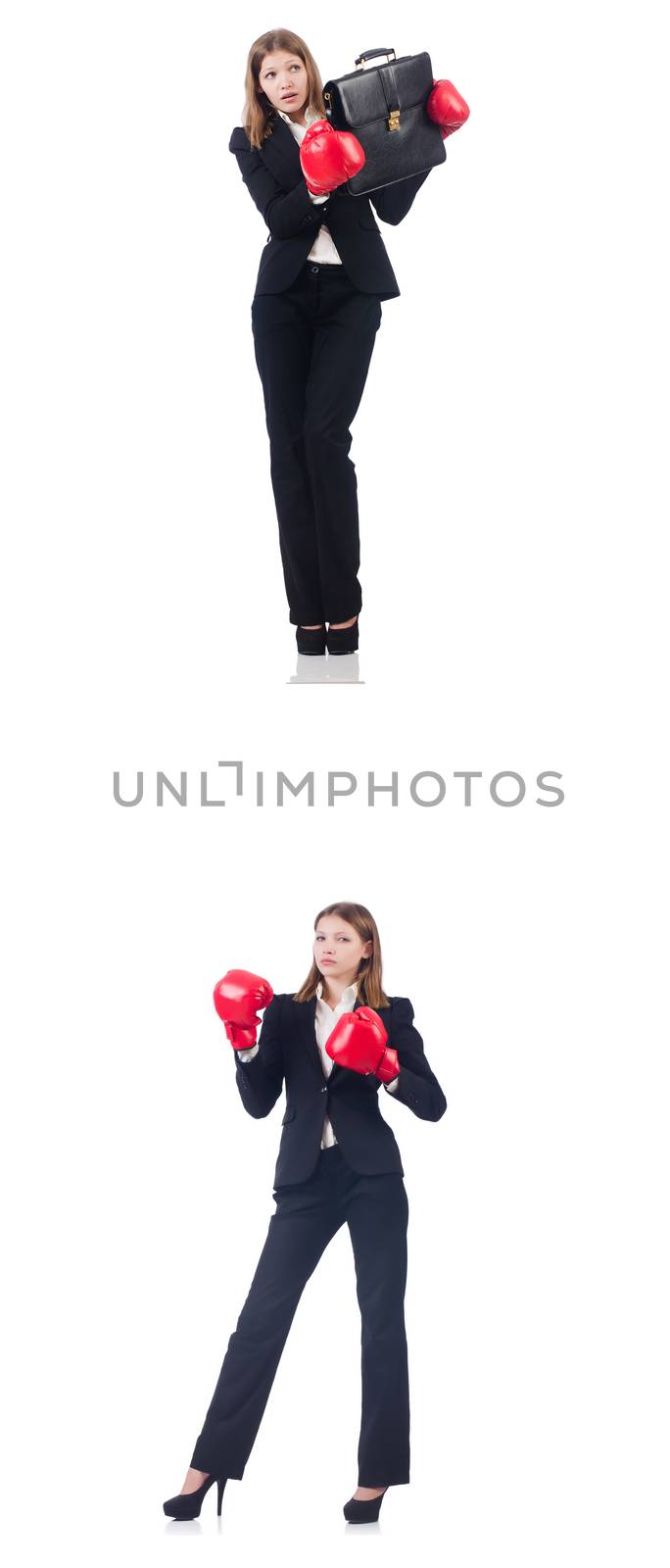 Businesswoman with boxing gloves isolated on white by Elnur