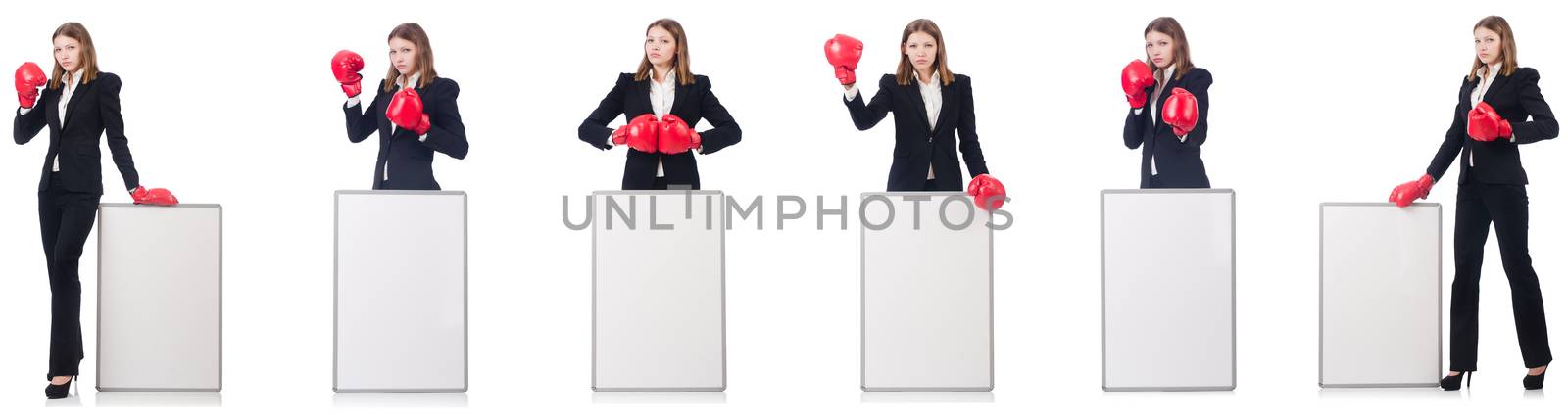 Woman boxer with blank board on white  by Elnur