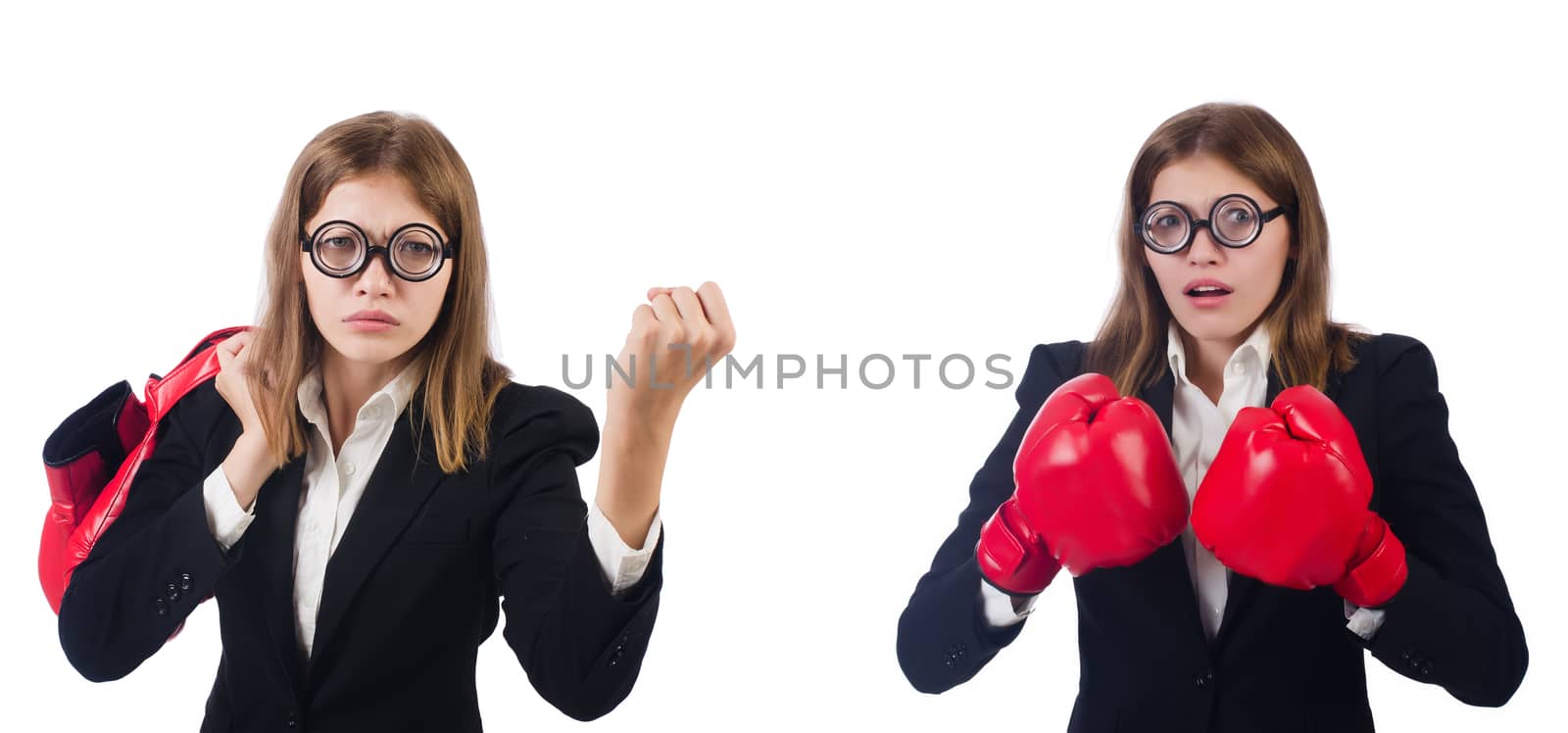Funny female employee boxer isolated on white 