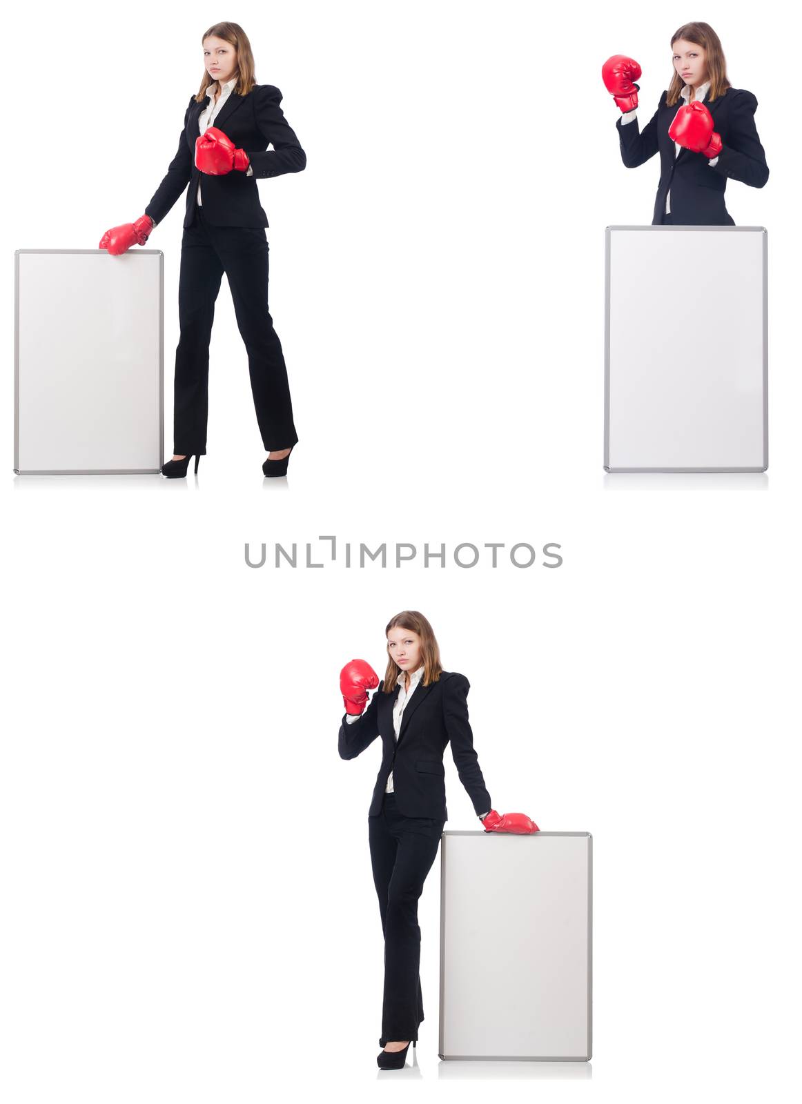 Woman boxer with blank board on white 